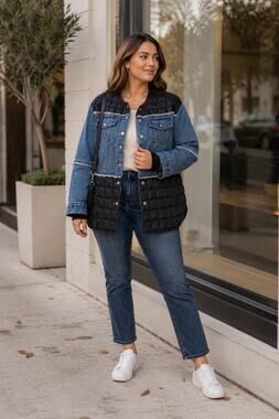 Danica Mixed Media Denim Quilted Jacket Plus 3X